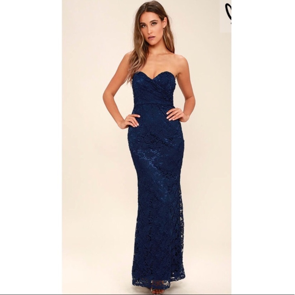 Lulu's navy blue lace strapless dress, S
